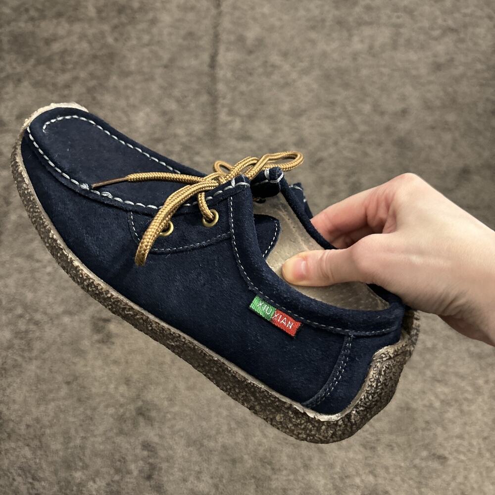 Xiu Xian Women Snail Casual Lace-up Genuine Leather Flat Sneaker Shoes Navy 8.5